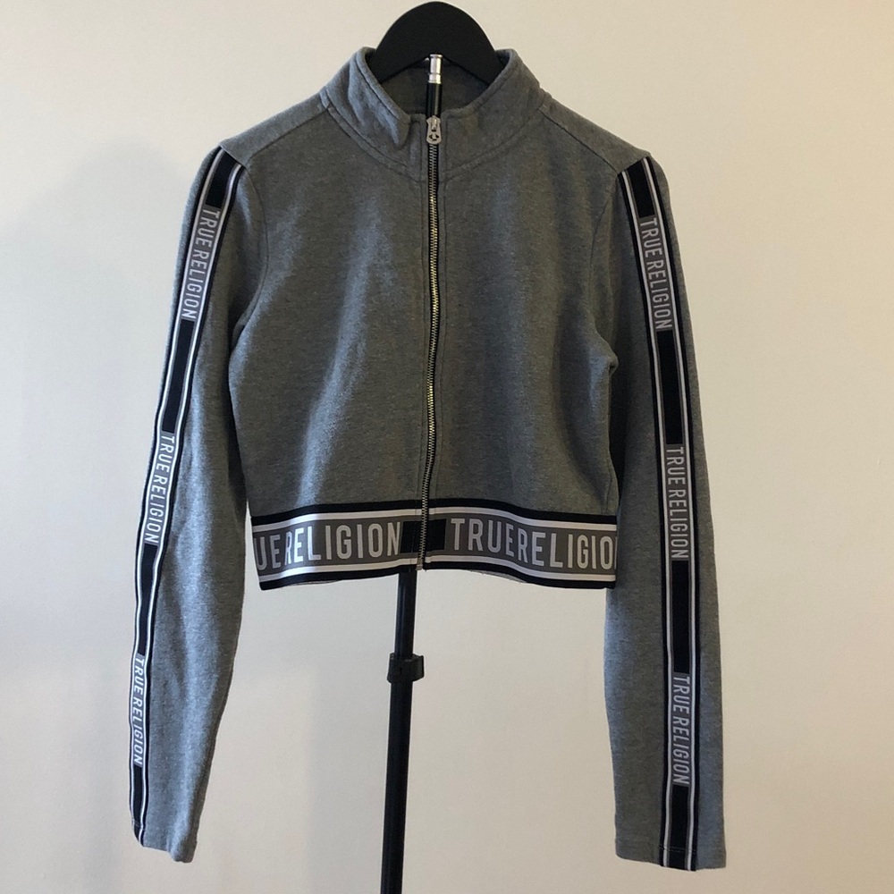 True Religion Cropped Track Jacket Full Zip Fleece Sweatshirt